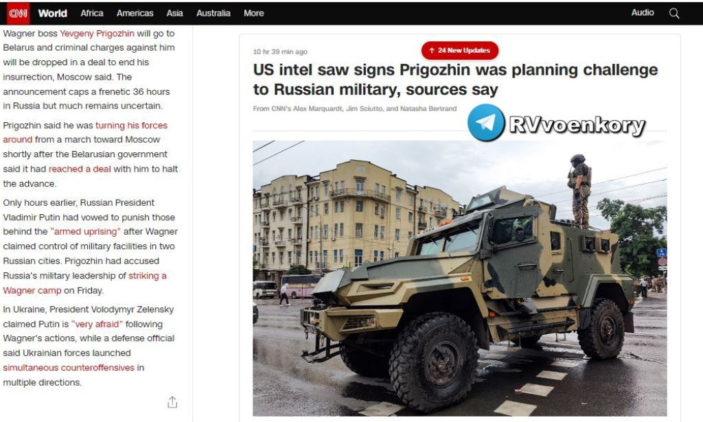 CNN : LES RENSEIGNEMENTS AMÉRICAINS ÉTAIENT AU COURANT DES PLANS DE PRIGOZHIN QUELQUES JOURS AVANT LE DÉBUT DE LA RÉBELLION